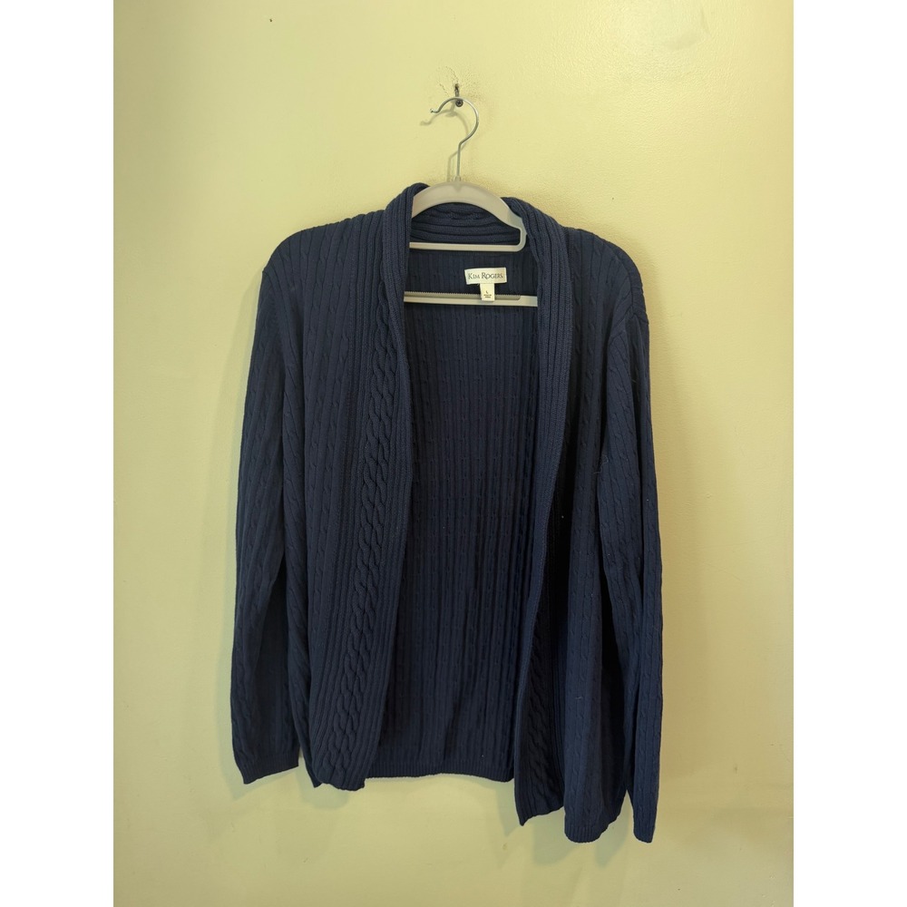 Kim Rogers Womens Navy Blue Cable Knit Open Front Shawl Collar Cardigan Large‎